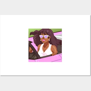 pastel woman in pink car Posters and Art